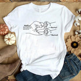 White cotton graphic t-shirt with minimalist family hand illustration, relaxed fit, casual style