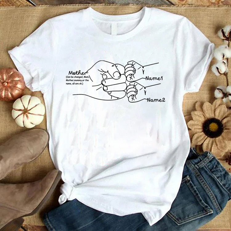 White cotton graphic t-shirt with minimalist family hand illustration, relaxed fit, casual style