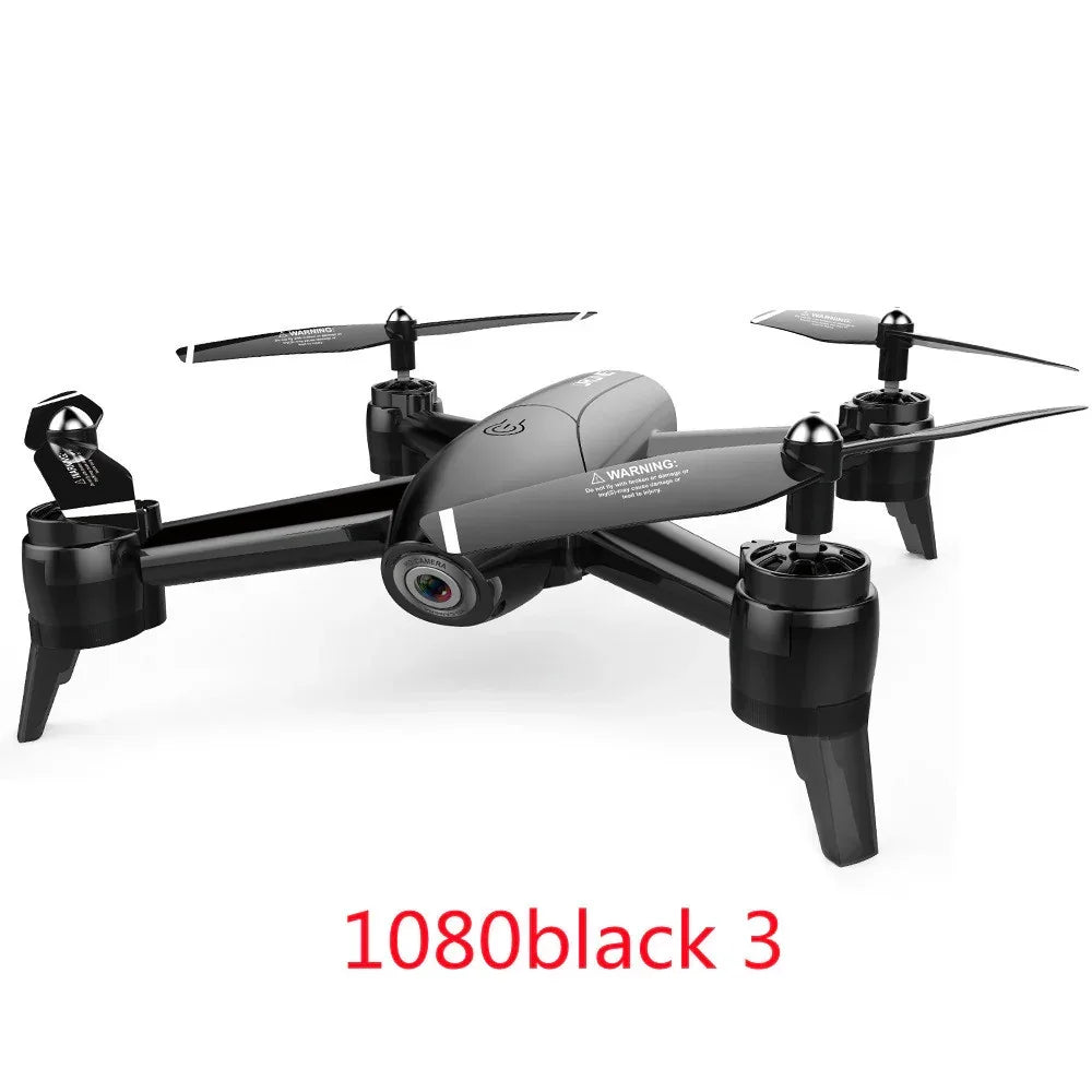 Black quadcopter drone with camera, sleek modern design, positioned on a white background