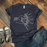 Dark heather gray cotton t-shirt with white graphic hand illustration and custom name labels, relaxed fit.