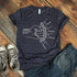 Dark heather gray cotton t-shirt with white graphic hand illustration and custom name labels, relaxed fit.
