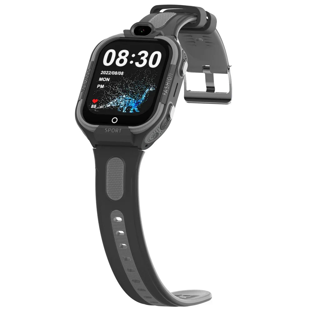 Black and gray smart watch with silicone band and rectangular touch screen display