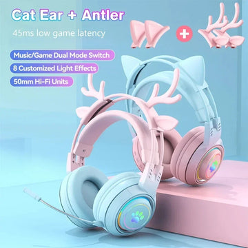 Cute pastel blue and pink over-ear headphones with detachable cat ears and antlers, plush padding, and LED accents.