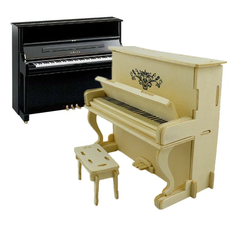 Black upright piano and beige wooden miniature piano with matching bench