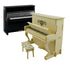 Black upright piano and beige wooden miniature piano with matching bench