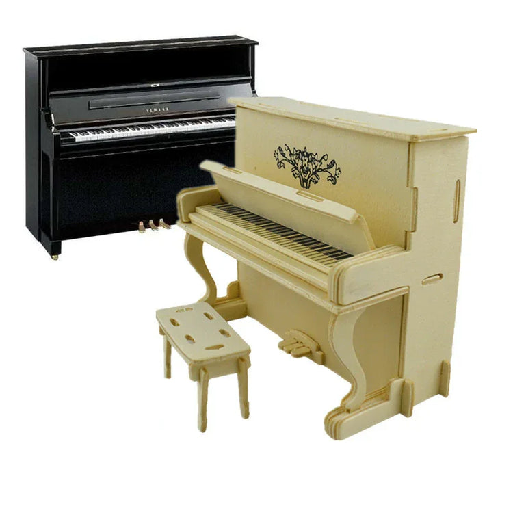 Black upright piano and beige wooden miniature piano with matching bench