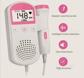 Handheld white and pink fetal doppler device with digital display and probe attachment