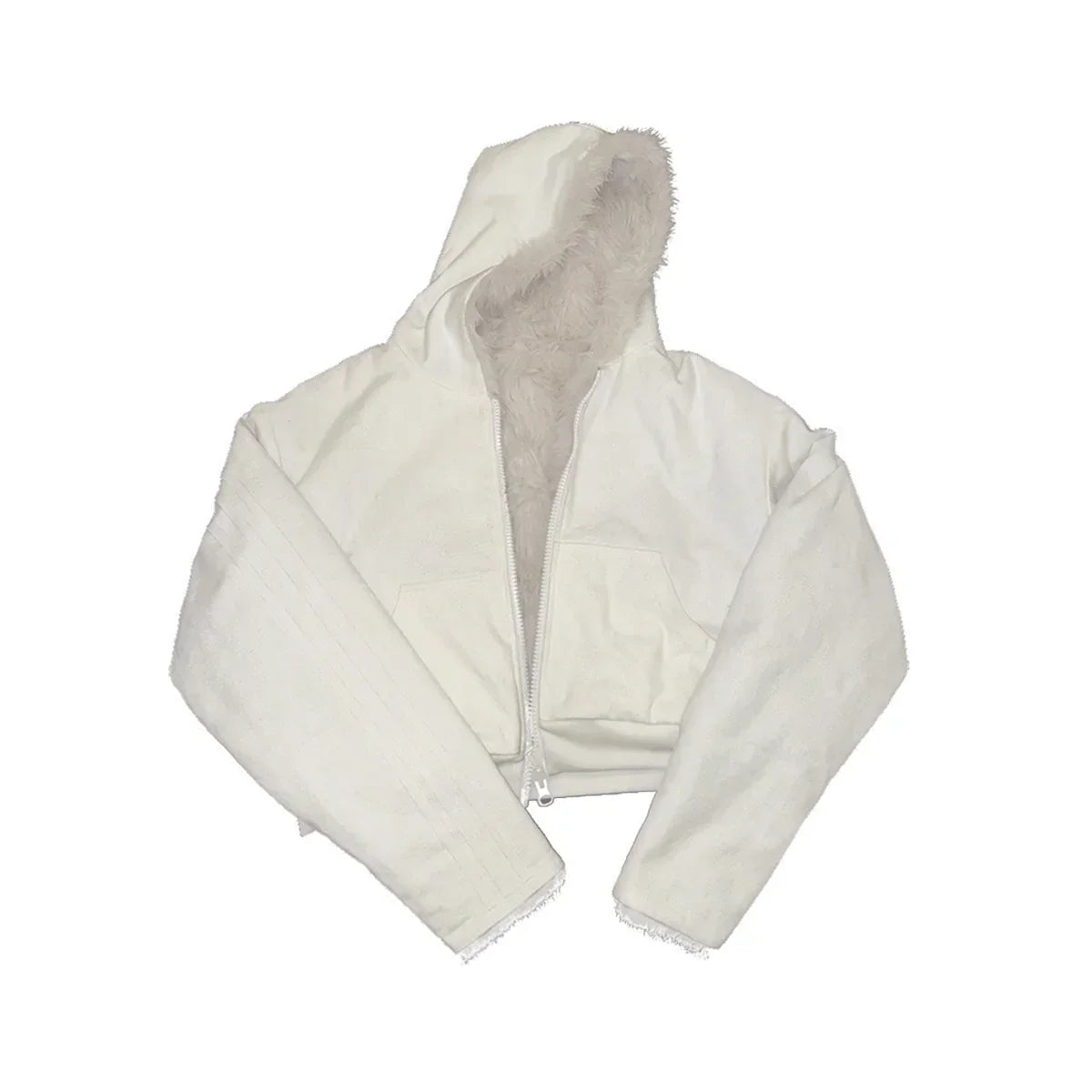 White cropped hooded jacket with faux fur lining, zip front, relaxed streetwear fit