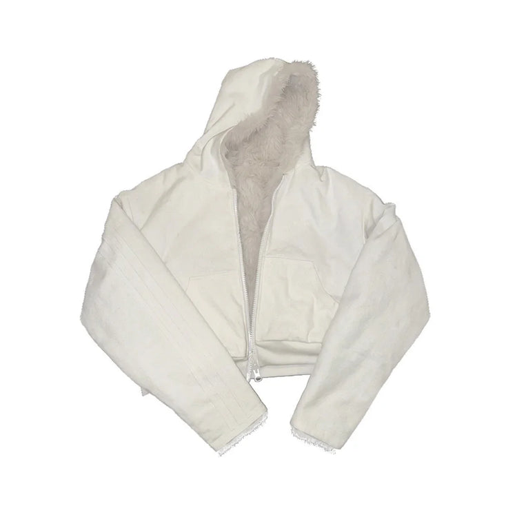 White cropped hooded jacket with faux fur lining, zip front, relaxed streetwear fit