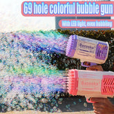 Twin handheld bubble guns with LED lights create streams of colorful bubbles outdoors.