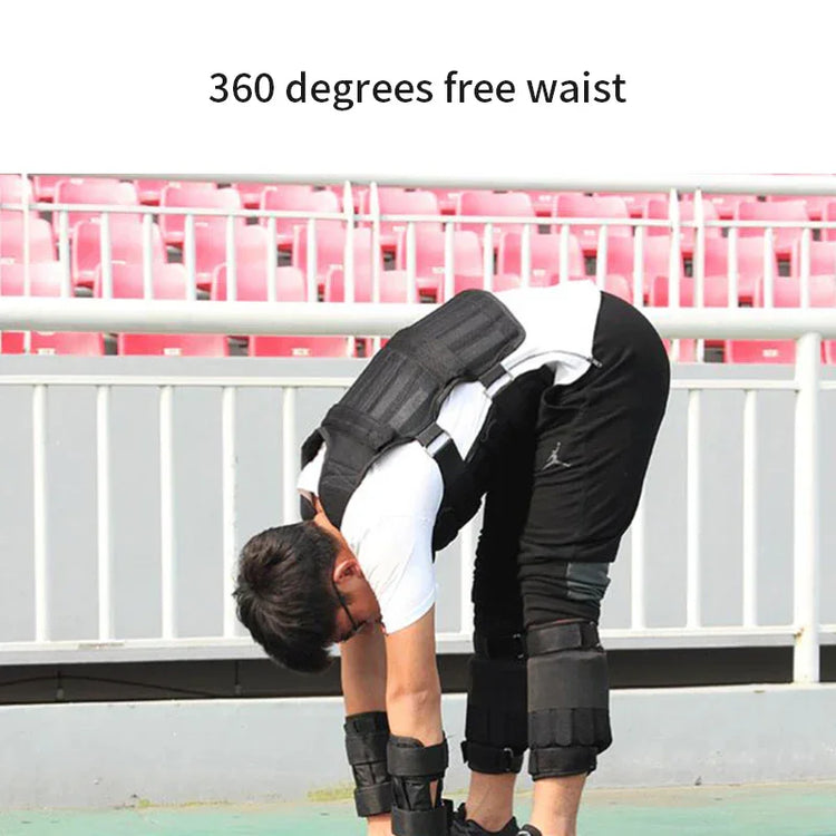 Man wearing black padded streetwear vest and leg guards, stretching outdoors