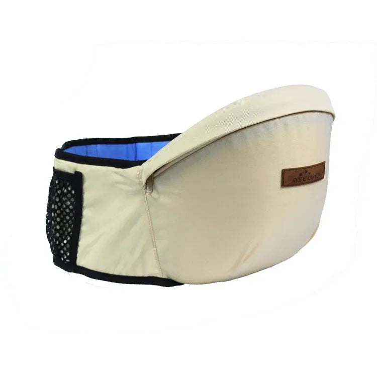 Beige adjustable padded waist belt with mesh side pocket and blue inner lining, ergonomic fit