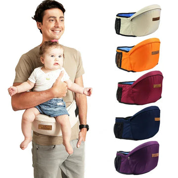 Man wearing a beige hip seat baby carrier with toddler, five color options shown on side