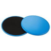 Pair of blue and black round fitness sliders with smooth and fabric surfaces