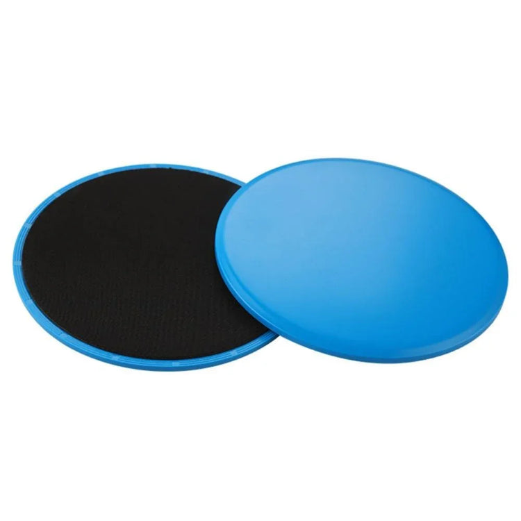 Pair of blue and black round fitness sliders with smooth and fabric surfaces