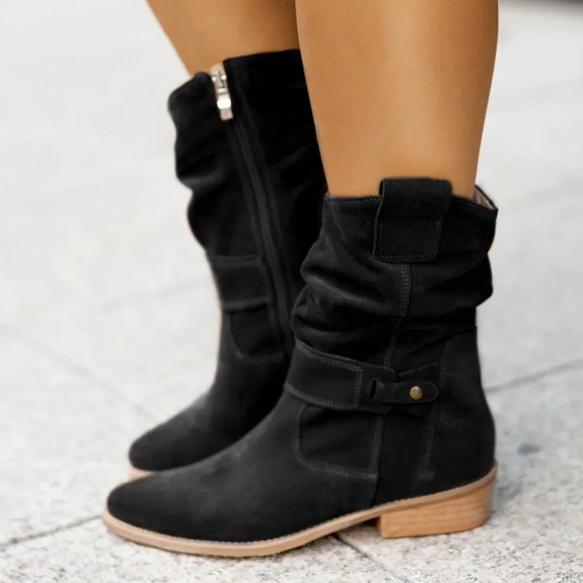 Black suede mid-calf boots with slouchy fit and low wooden heels, street style fashion