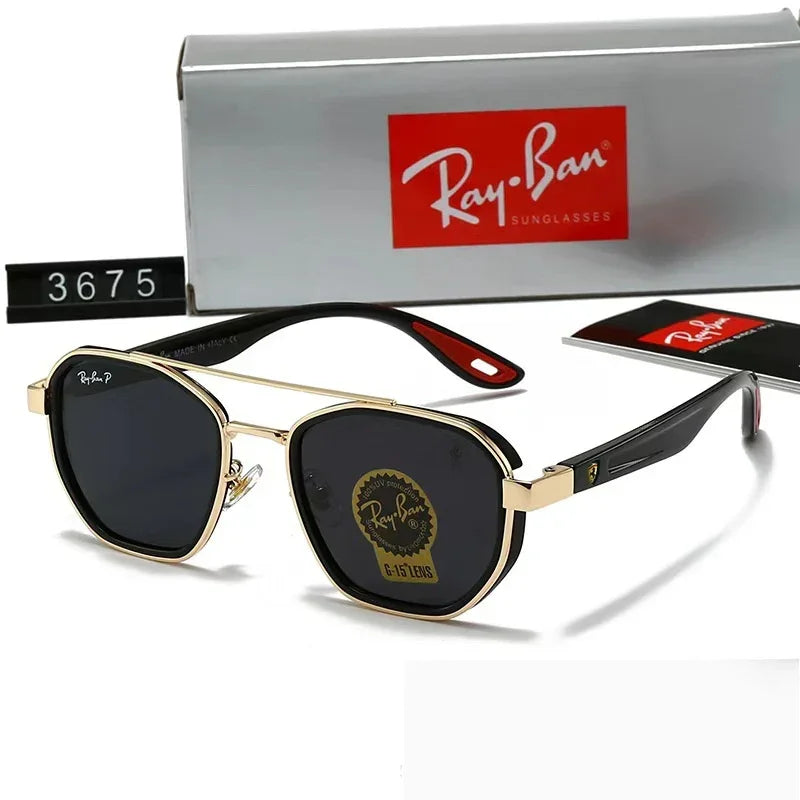 Geometric black sunglasses with gold metal frame, glossy finish, and bold modern fit.