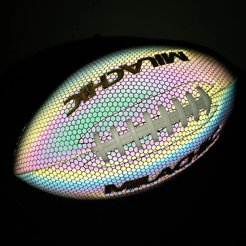 Reflective rainbow hexagon-pattern football with white laces and a shiny surface