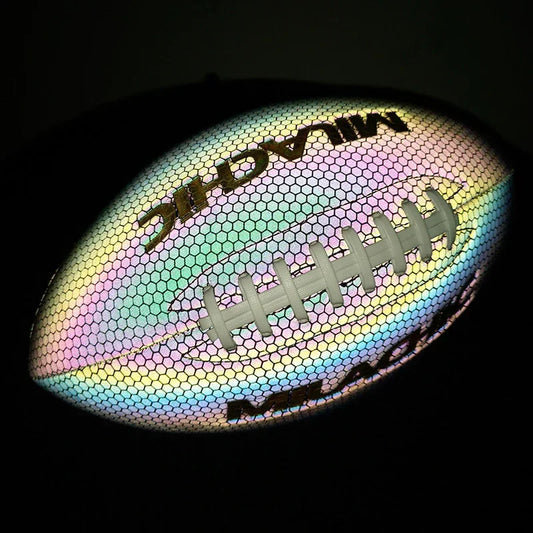 Reflective rainbow hexagon-pattern football with white laces and a shiny surface