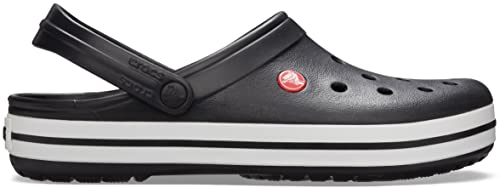 Black Crocs Unisex Crocband Clog with white stripe, lightweight and water-friendly shoes for men and women