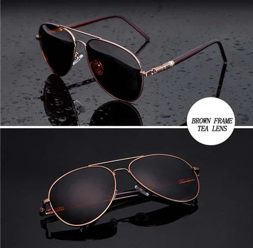Aviator sunglasses with brown metal frame and dark tea-tinted lenses on black background