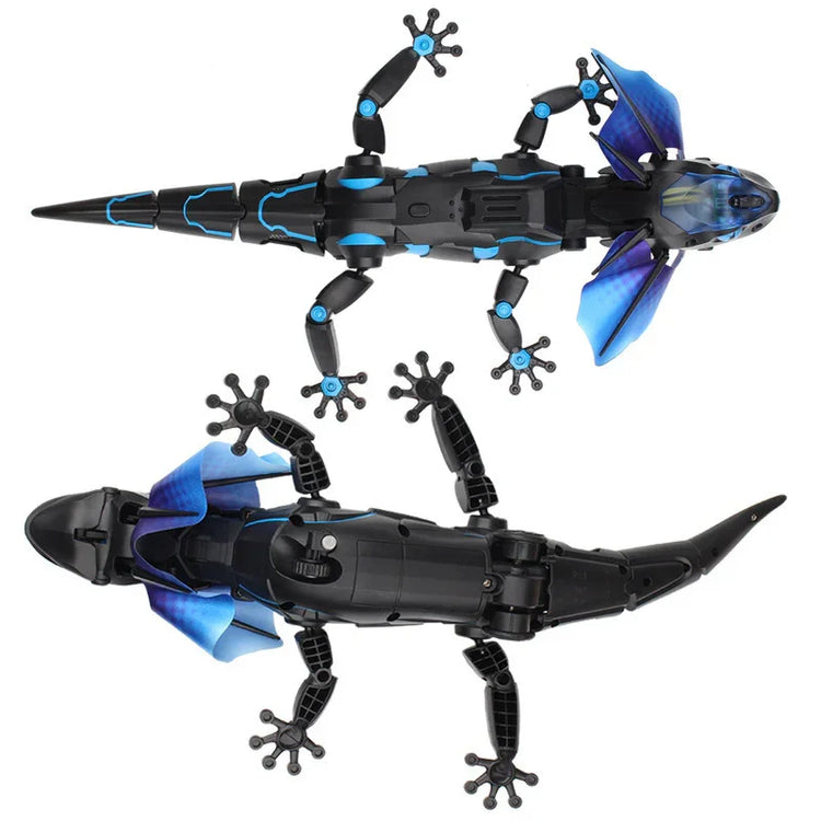 Black and blue robotic lizard toy with articulated limbs and textured frills