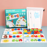 Educational spelling game with colorful alphabet letters, word cards, and illustrations.