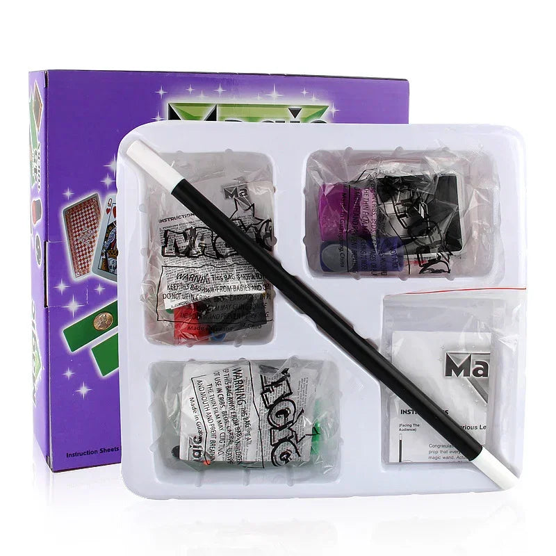Magic trick kit in a purple box with a black and white wand and assorted props