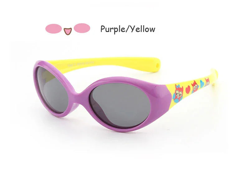 Oval purple sunglasses with yellow arms, cartoon accents, and dark lenses.