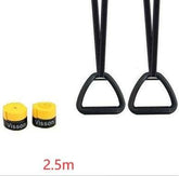 Pair of black nylon fitness straps with triangle handles and two yellow wrist wraps, 2.5m length.