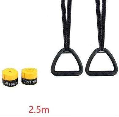 Pair of black nylon fitness straps with triangle handles and two yellow wrist wraps, 2.5m length.