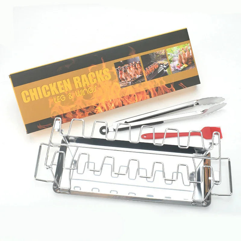Stainless steel chicken leg and wing rack with grilling tongs and silicone brush