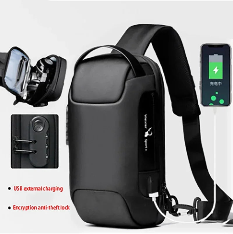 Black waterproof crossbody sling bag with USB charging port and anti-theft lock.