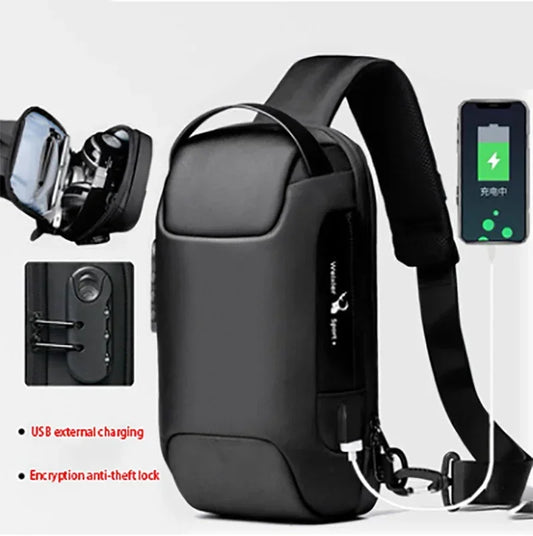 Black waterproof crossbody sling bag with USB charging port and anti-theft lock.