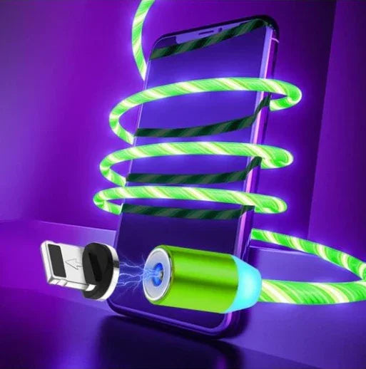 Glow-in-the-dark green LED charging cable with magnetic connector for smartphones