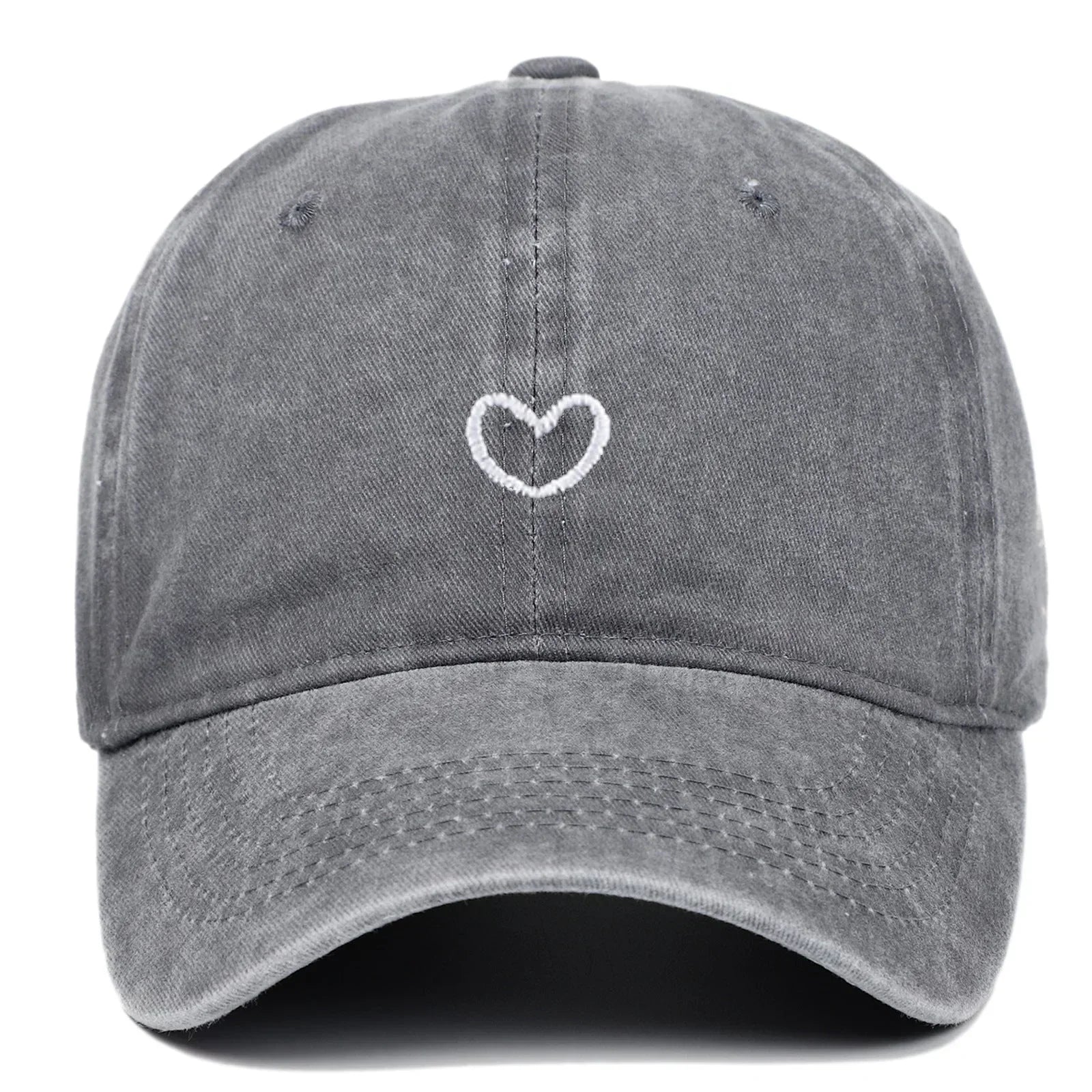Washed grey cotton baseball cap with white heart embroidery, relaxed fit