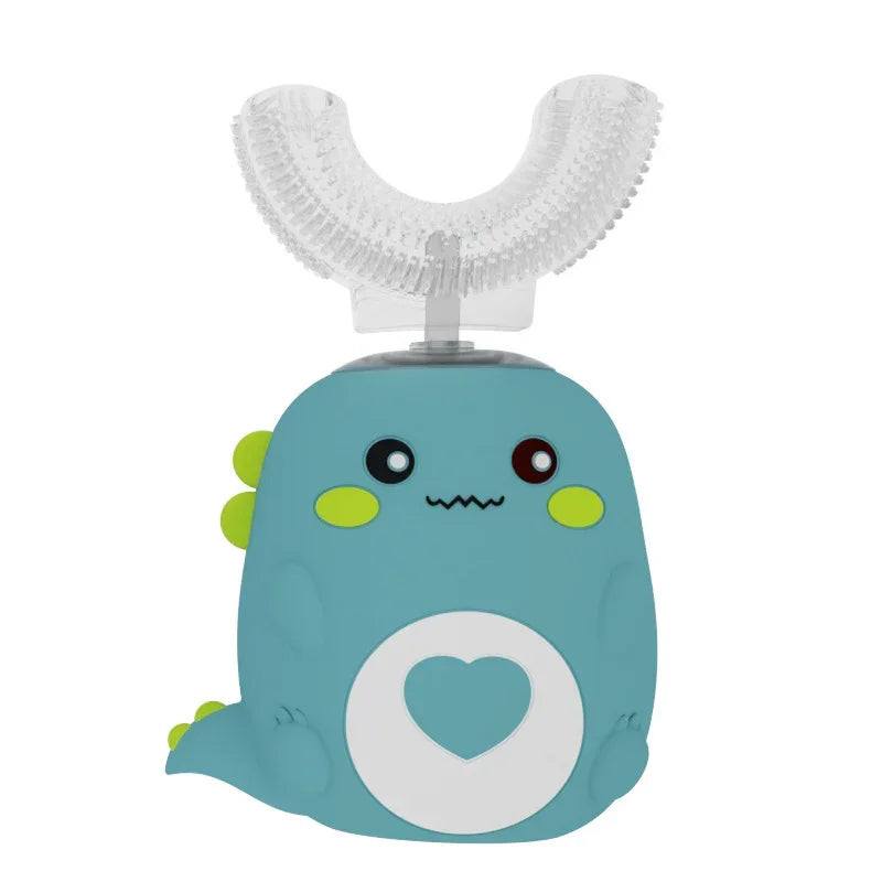 Cute blue silicone dinosaur-shaped kids automatic toothbrush with U-shaped brush head