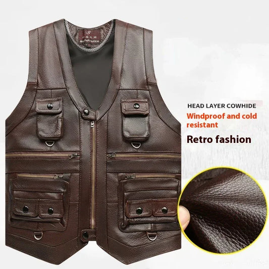 Brown leather utility vest with multiple zip and snap pockets, rugged material, regular fit