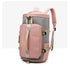 Pink and gray backpack with large front pocket, adjustable straps, and water-resistant material