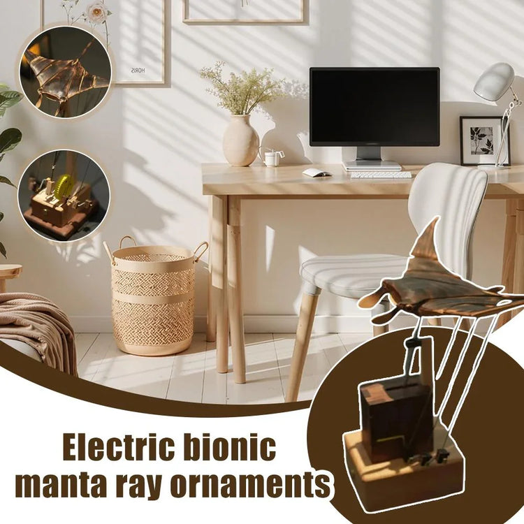 Electric bionic manta ray ornament on a modern wooden desk in a minimalist home office