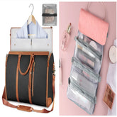 Black and brown leather garment bag with clothing inside, next to pink hanging cosmetic organizer with mesh zipper pockets.