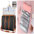Black and brown leather garment bag with clothing inside, next to pink hanging cosmetic organizer with mesh zipper pockets.