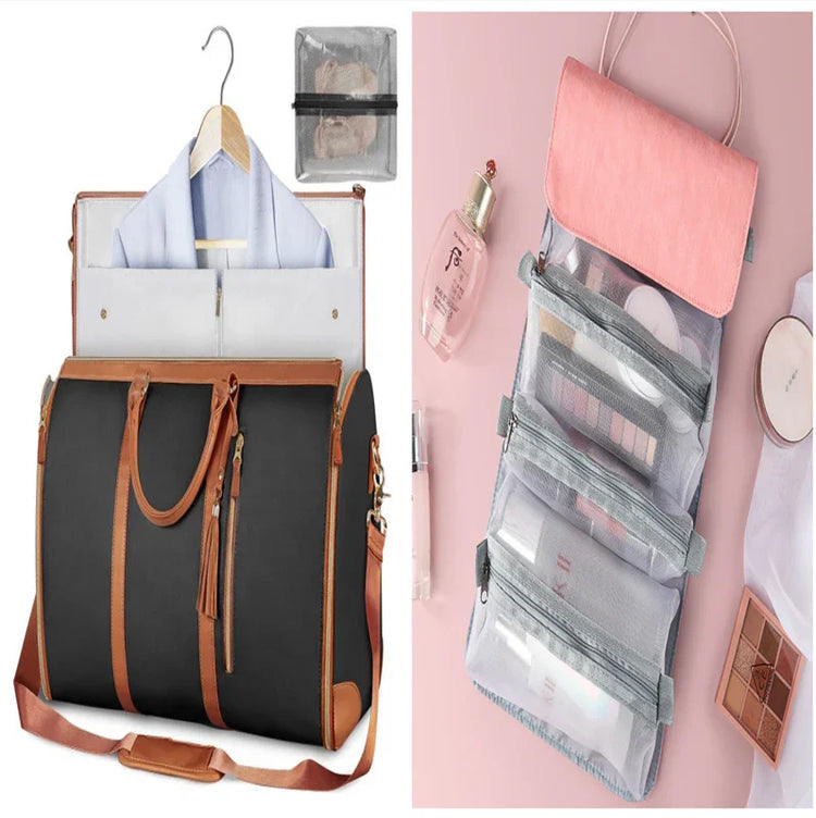 Black and brown leather garment bag with clothing inside, next to pink hanging cosmetic organizer with mesh zipper pockets.