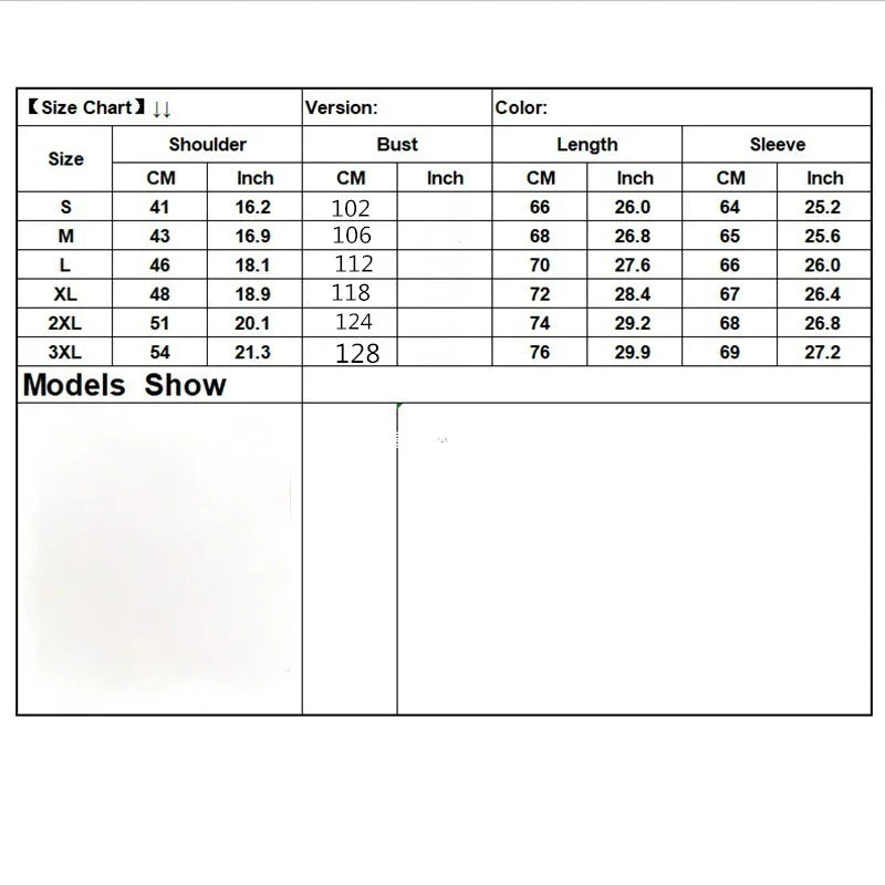 Clothing size chart showing shoulder, bust, length, and sleeve measurements in cm and inches.