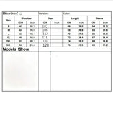 Clothing size chart showing shoulder, bust, length, and sleeve measurements in cm and inches.