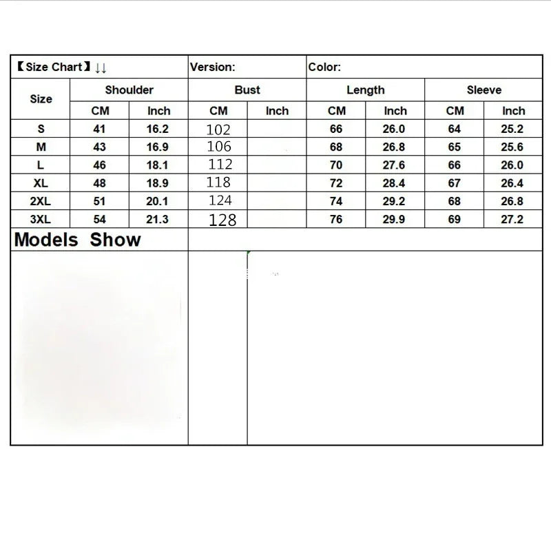 Clothing size chart showing shoulder, bust, length, and sleeve measurements in cm and inches.