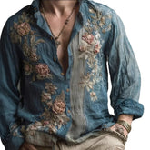 Blue long sleeve shirt with floral embroidery, relaxed fit, lightweight fabric, casual style