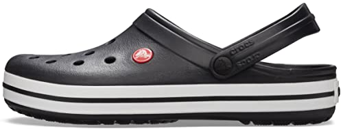 Black Crocs Unisex Crocband Clog with white stripe, lightweight and water-friendly footwear