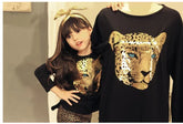 Black long-sleeve shirts with gold leopard face print, relaxed fit, matching child and adult