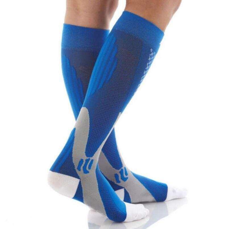 Blue and gray knee-high athletic compression socks with white accents, fitted style